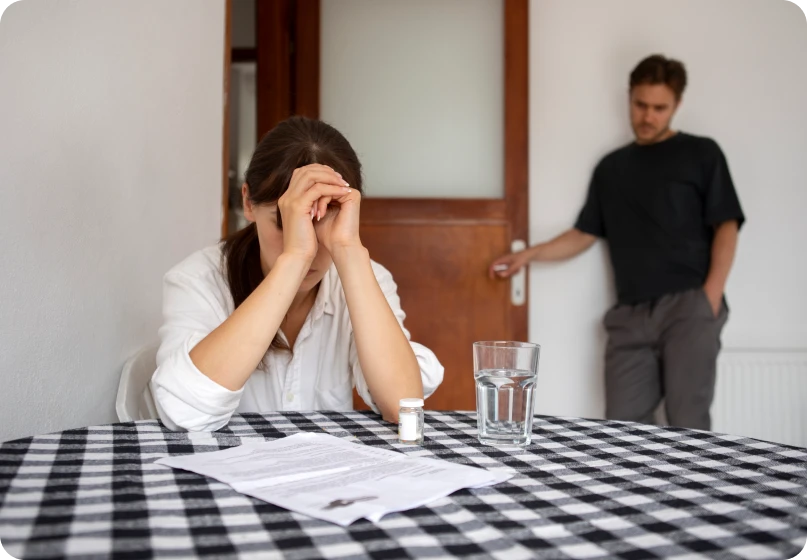 Distressed wife sitting with hands on her head while husband stands near the door during separation.