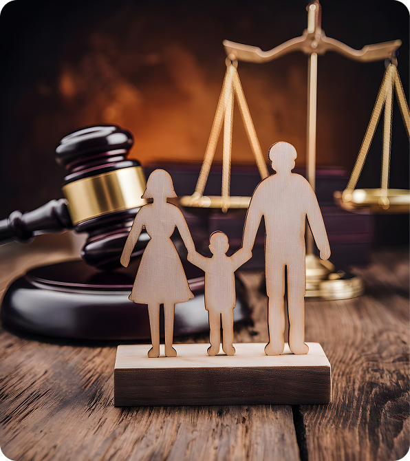 Wooden family figures with judge’s gavel and scales of justice representing child custody and family law..