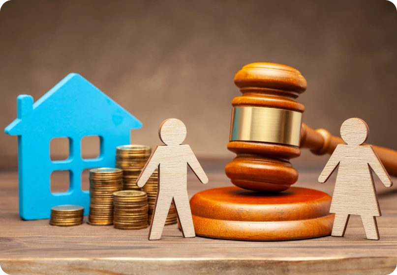 Legal enforcement theme showing family figures and courtroom elements like gavel and balance scale.