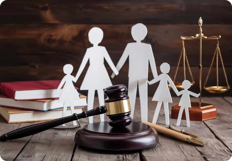 Concept image of family law dispute enforcement with justice scale and custody figures