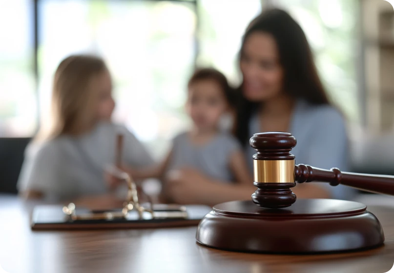 Mother with two children in a courtroom during a family law hearing.