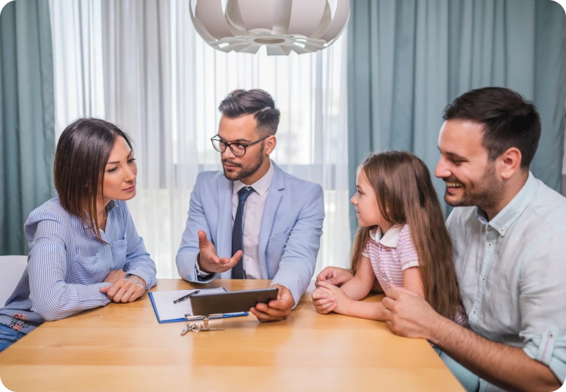 Lawyer discussing enforcement of support or custody orders with clients in an office setting.