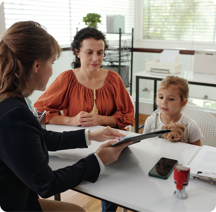 Lawyer advising client on child support obligations and rights.