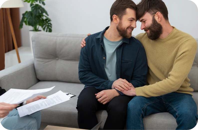 Two partners holding hands during legal advice session for same‑sex couples.